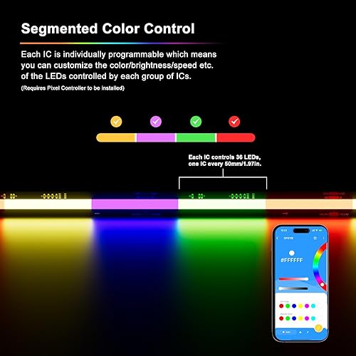 Miniatura 5 de PAUTIX Tira de luz LED RGB inteligente IC COB IP65, impermeable, direccionable, 24 pies24.6 ft, 720 LEDsm con certificación UL de 24 V, tira de luz