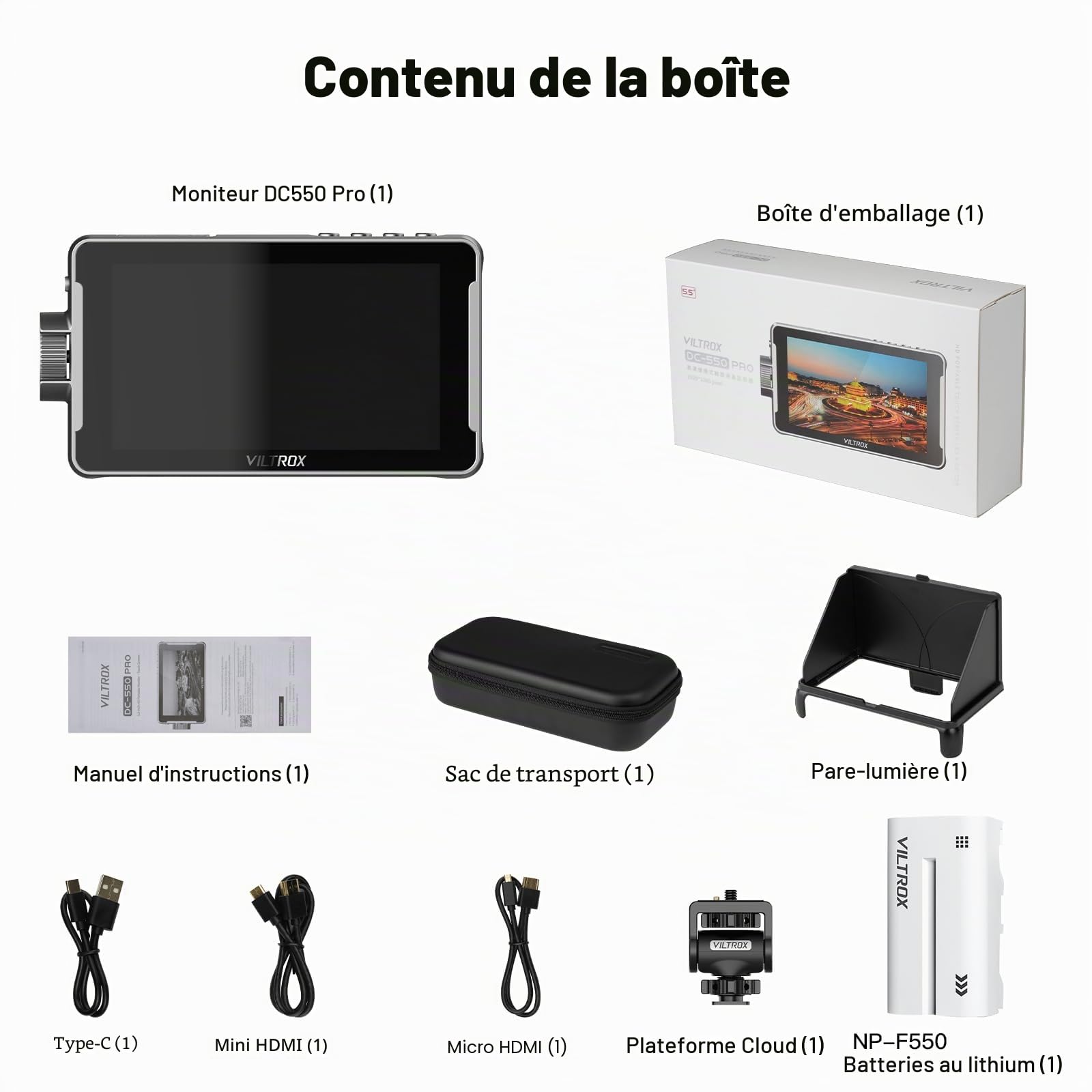 VILTROX DC-550 Pro 5.5 Moniteur de Champ de Pouces Small HD 3D LUT DSLR Camera Field Monitor 1200nits de Caméra Grand Angle de 160° 1920 x 1080 IPS avec 4K HDMI Input Output 4K Moniteur Externe
