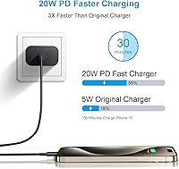 Vista 2 de Cargador para iPhone 17, 16, 15, carga rápida de 10 pies, paquete de 2 bloques de carga USB C de 20 W con cable tipo C compatible con iPhone 17/17