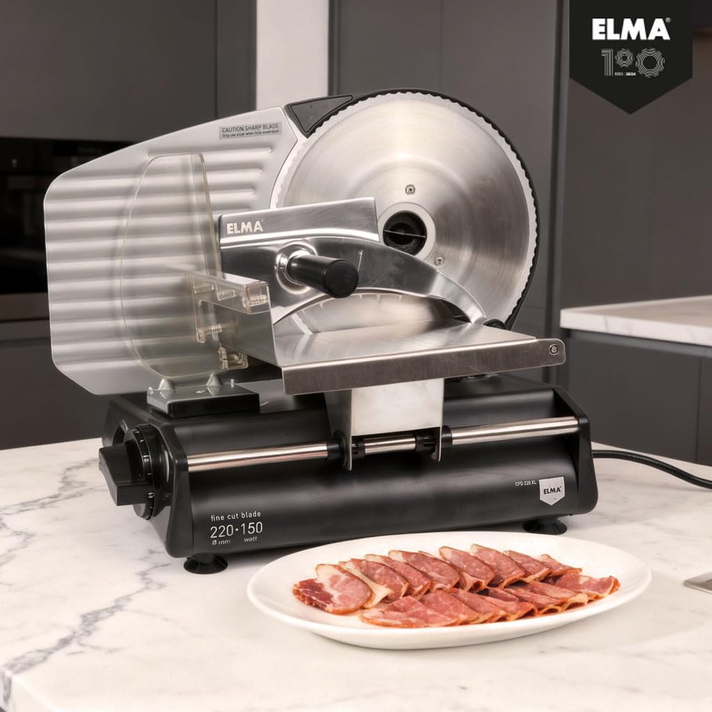 ELMA Affettatrice Elettrica CFD220 XL con Due Lame in Acciaio Inox Ø220 mm | Affettatrice Domestica Regolabile 0-15 mm, Potente, Sicura e Facile da Pulire