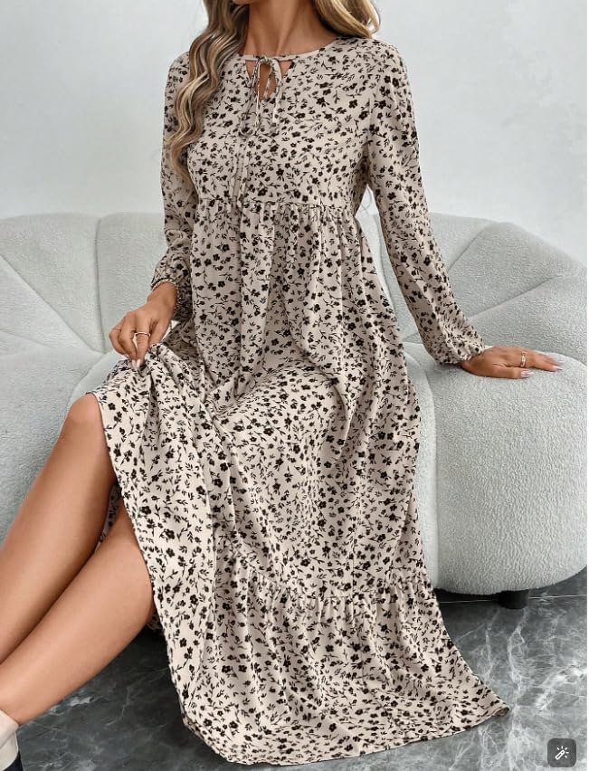 Women's Autumn Long-Sleeved Round-Neck Pleated Floral Dress a Casual and Flowing Long Dress - Image 4