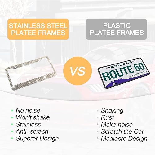 Miniatura 4 de YALOK Marco de matrícula de automóvil con diamantes de imitación brillantes, cubierta  soporte para placa de matrícula de acero inoxidable,