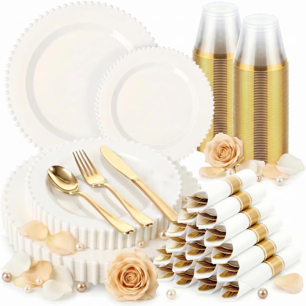 175pcs Plastic Dinnerware Set,Ivory Fancy Beaded Plastic Plates for 25 Guests Include 50 Elegant Plastic Plates,75 Plastic Silverware Set,25 Cups and 25 Pre Rolled Napkins for Mother's Day