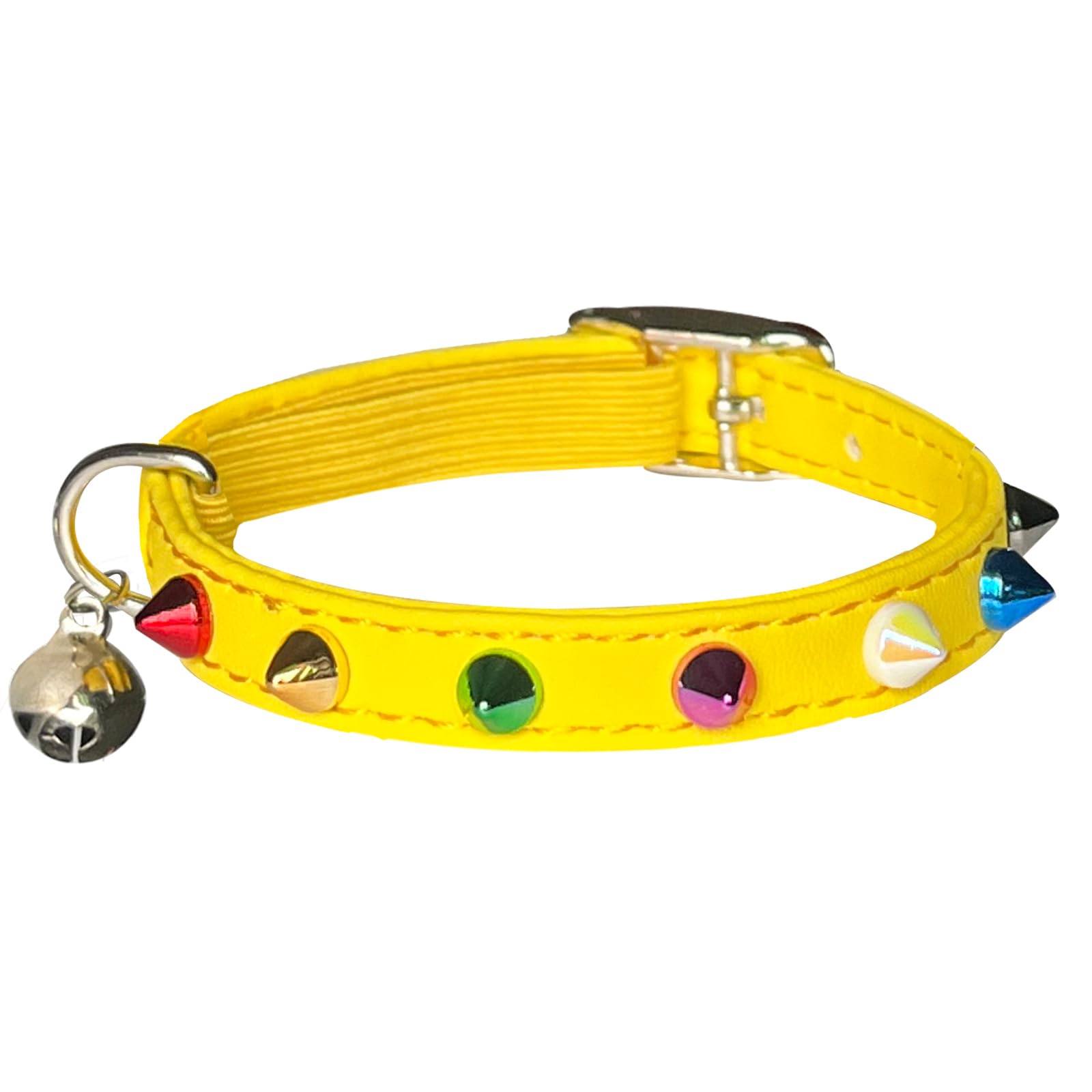 Fupo Spiked Cat Collar with Bell and Safety Belt Leather Kitten Collar with Stud Adjustable Neck 7.5" to 10" for Kitten Boys Girls (Yellow)