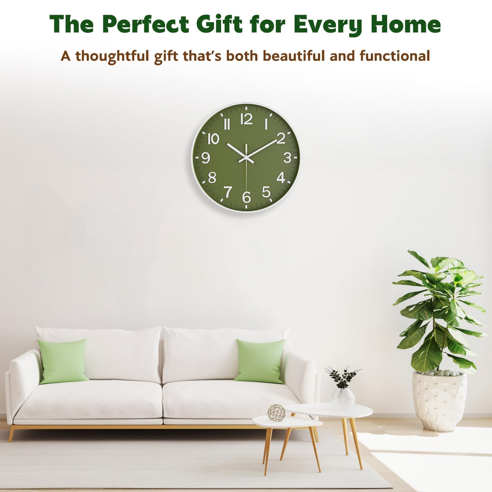 Silent Wall Clock Non-Ticking Battery Operated – Modern Olive Green Analog Wall Clock for Living Room, Kitchen, Office, Bedroom – Stylish Home Wall Decor Clock, 8 Inch