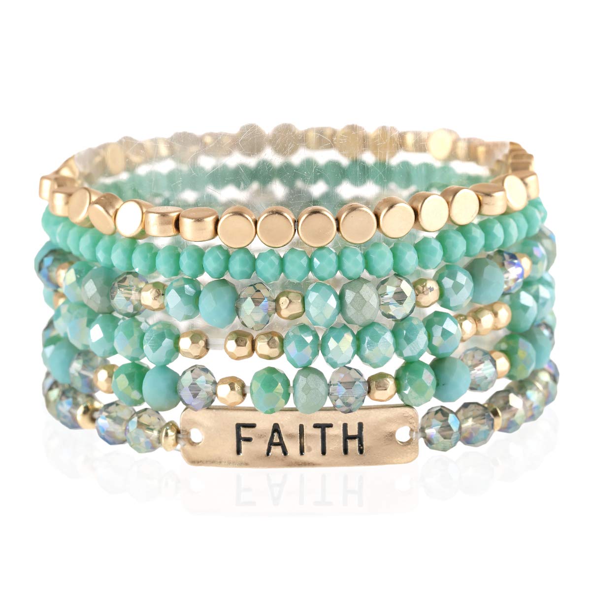 RIAH FASHION Inspirational Multi Layer Beaded Stackable Statement Bracelets - Natural Stone, Druzy Stretch Strand Slip-on Cuff Bible Christian Cross