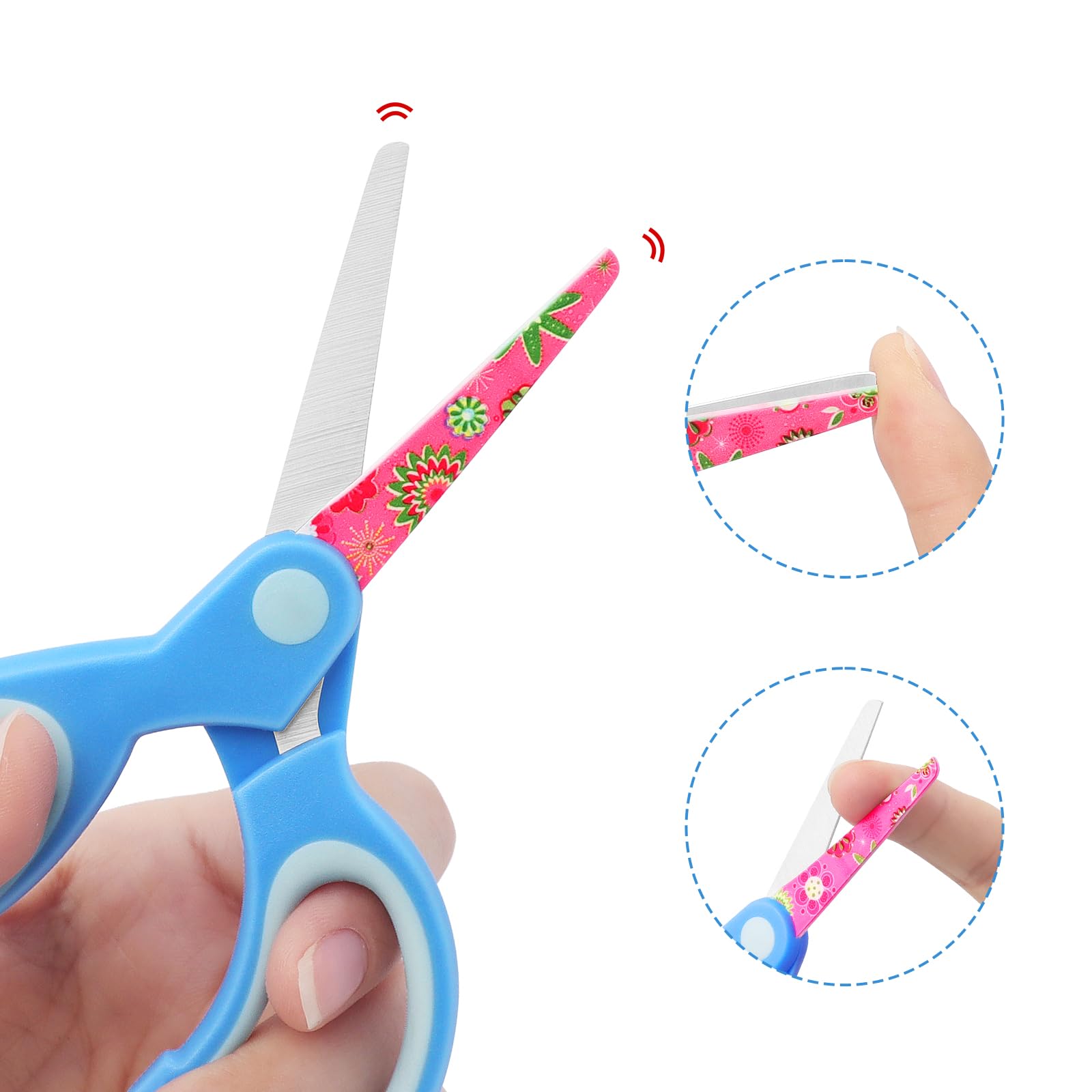 Tijeras para zurdos, tijeras de seguridad para niños, cuchillas de acero inoxidable, empuñaduras suaves, para uso con niños de 3 años en adelante, rosa, azul, rojo, paquete de 3 pares