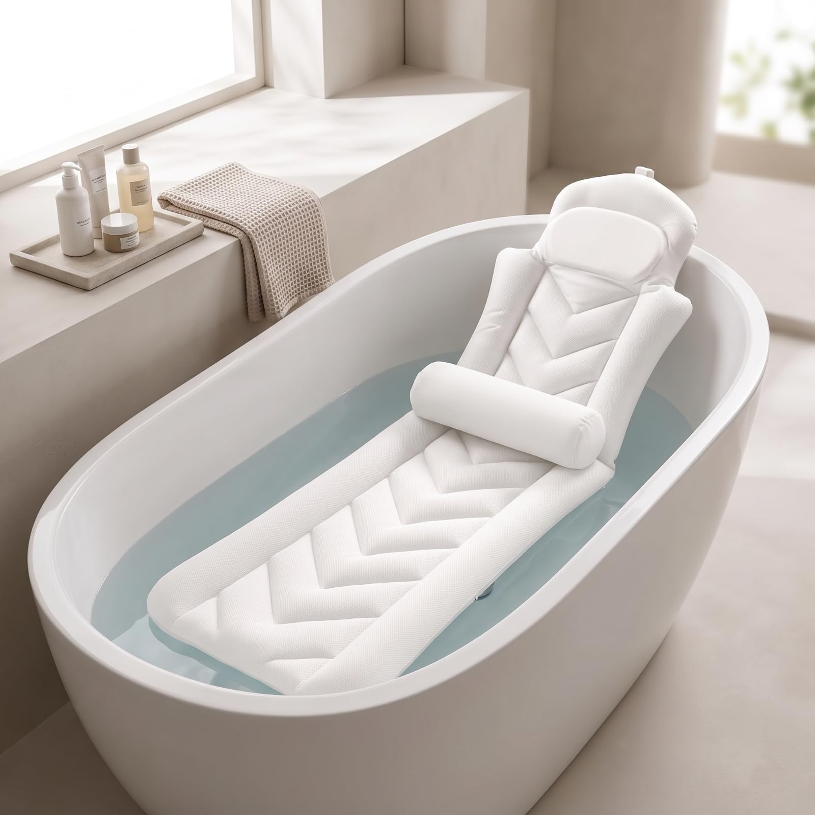 Oreiller Bain Ergonomique Confortable, Blanc Extensible sur Quatre Côtés avec Soutien Lombaire