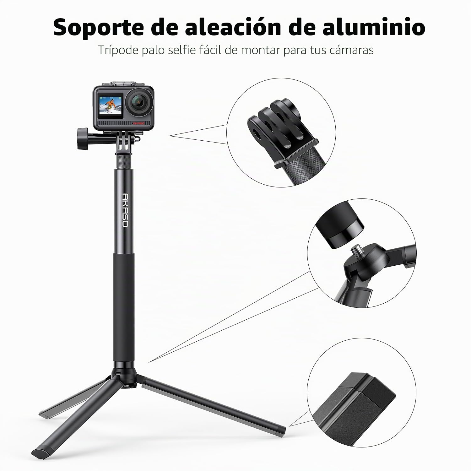 AKASO Palo Selfie/Selfie Stick Extensible hasta 120cm, con Trípode de 19cm | Compatible con cámara Deportiva AKASO EK7000/Brave 4/Brave 7/V50X/V50 Elite/dji Osmo Action