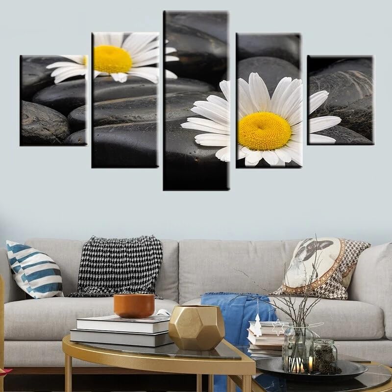 Tableau decoration murale 5 parties fleur de marguerite pour salon