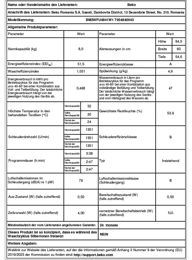 Beko BM3WFU4841W1 Waschmaschine Frontlader 8 kg 1400 U/min SteamCure Dampffunktion Weiß
