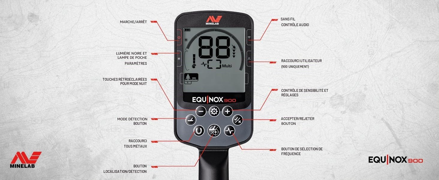 MINELAB Equinox 900 Détecteur de Métaux Multi-fréquences Pliable avec Bobines Double D Étanches 11 Pouces et 6 Pouces