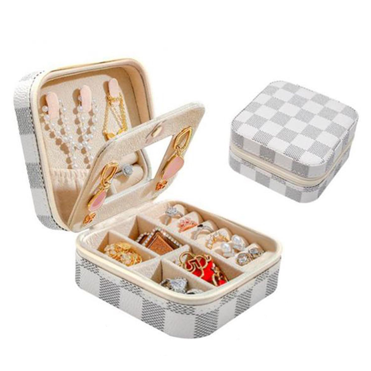 HugewthJewelry Box with Mirror, Jewelry Organizer, Leather Double Jewelry Box with Mirror, Rings Earrings Necklaces Bracelets Jewelry Gift Box for Women Girls (Plaid)