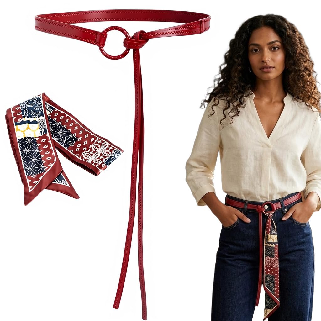 Women's Slim Waist Belt with Decorative Printed Scarf, Adjustable Faux Leather Tie Belt for Dresses, Blouses & High-Waisted Pants, Boho Bohemian Cinch Belt Fashion Waist Accessory-image-40