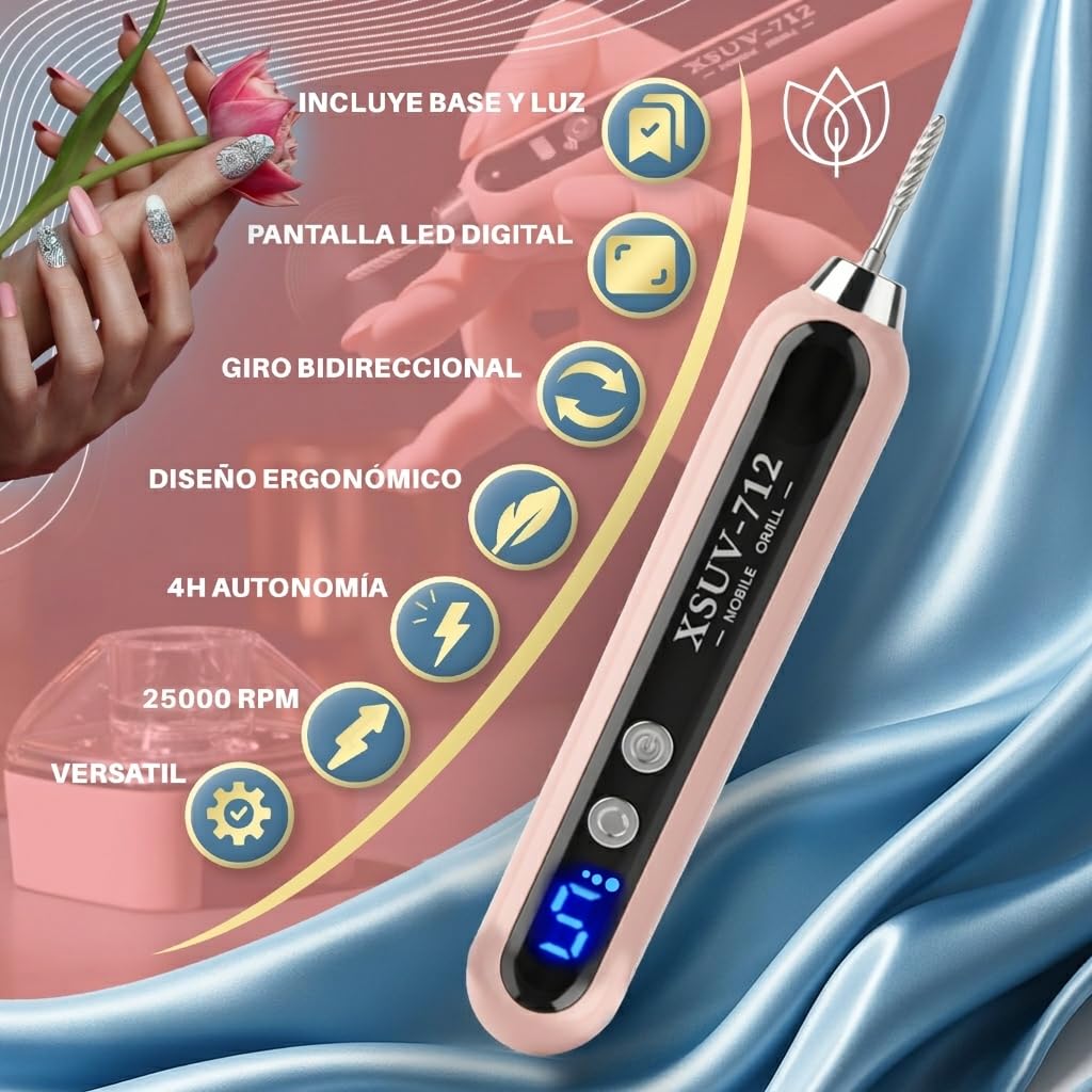 Torno para Uñas Profesional Inalambrico 25000RPM – Lima Eléctrica con Luz UV, Base antideslizante y Pantalla LED | Recargable y portatil para Manicura y Pedicura en Casa o Viajes