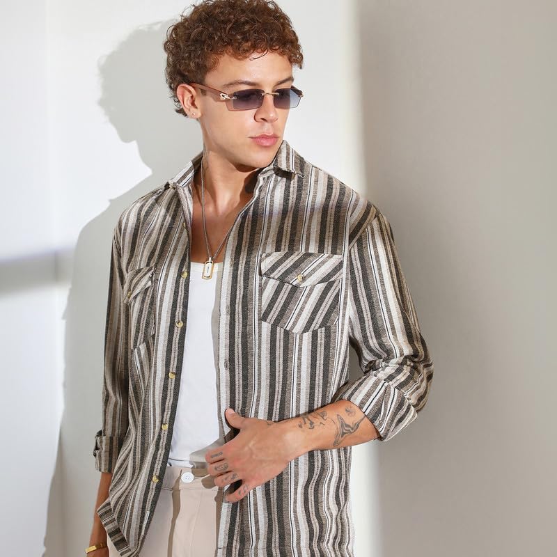Image of CAHOOT Men's Multitrack Striped Oversized Shirt for Casual Wear | Spread Collar | Long Sleeve | Button Closure | Oversized Shirt Crafted with Comfort Fit for Everyday Wear