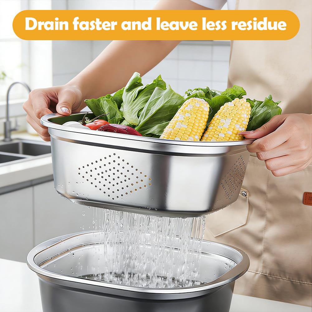 LOMUG Colino per pasta in acciaio inox, colino da cucina con ciotole in acciaio inox e coperchio, ciotola per lavaggio riso, set per spaghetti, verdure, insalata di frutta, 4600 ml, Ø 28 cm