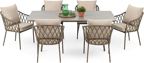 6 Seater Outdoor Patio Furniture Set – Weatherproof Rattan Rope Garden Dining Table & Chairs with Cushions – Modern Wicker Lounge Set for Backyard, Balcony, Deck, Poolside