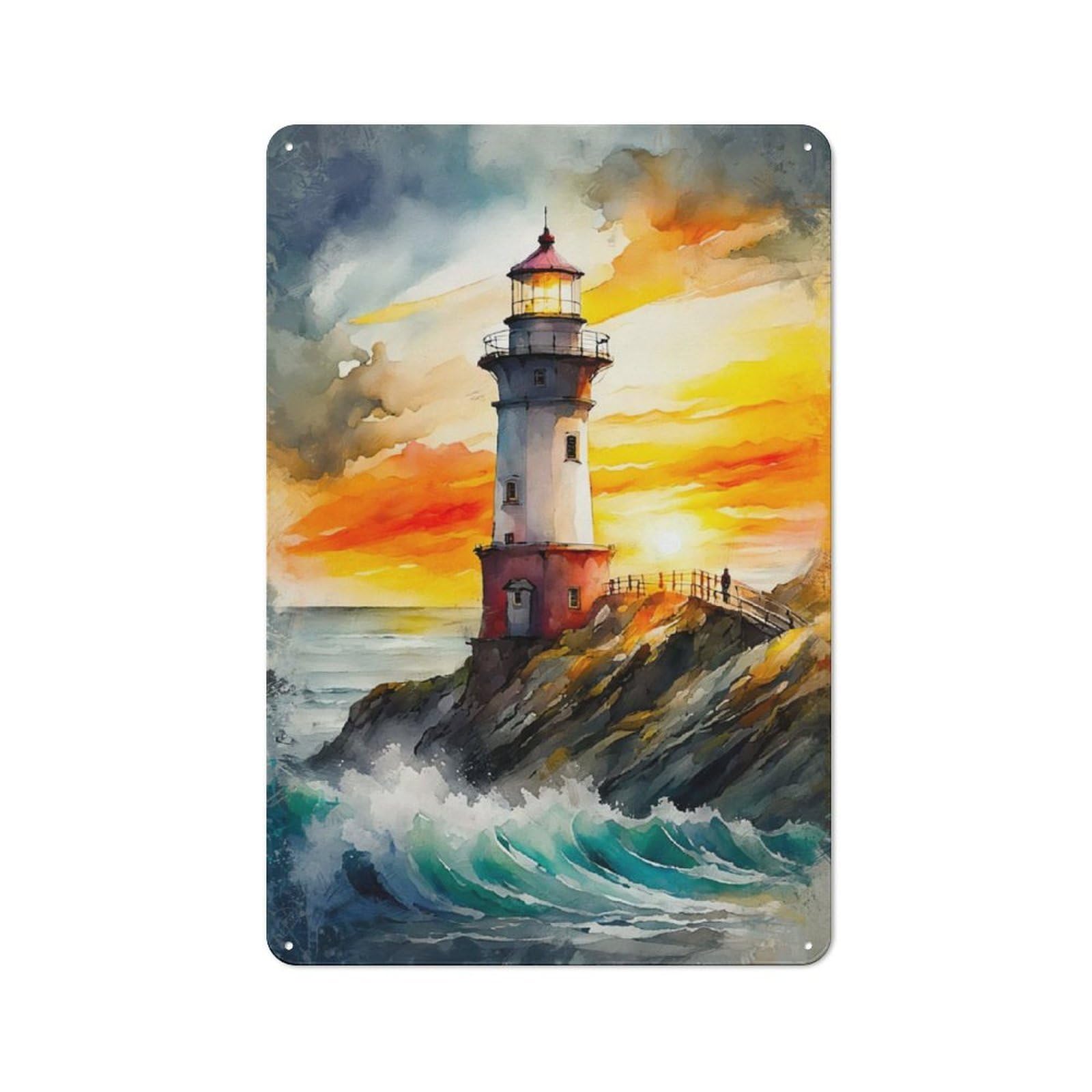 Junmoney The Lighthouse At Sunset Metal Sign 30X20cm With For Hallway Wall, Vintage Decor, For Garage, Workshop And Man Cave Decoration
