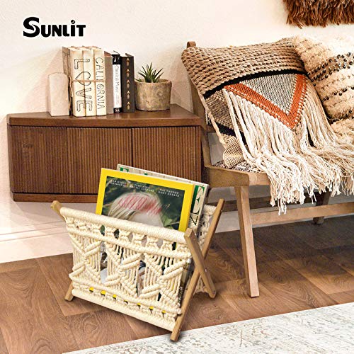 Sunlit Boho Macrame Magazine Rack, Decorative Books Magazines Newspaper Holder, Towel Storage Basket, Bohemian Rustic Home Decor, for Bedroom Living Room Nursery Office, Handmade Boho Woven Room Decor - Thumbnail 4