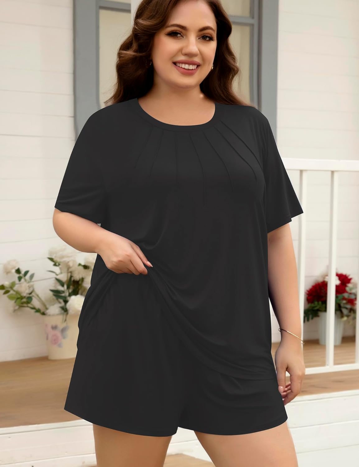 2 Piece Lounge Set Women Plus Size Pajamas Pleated Tops Shorts Set With Pockets PJs Summer Loungewear Sleepwear - Image 2