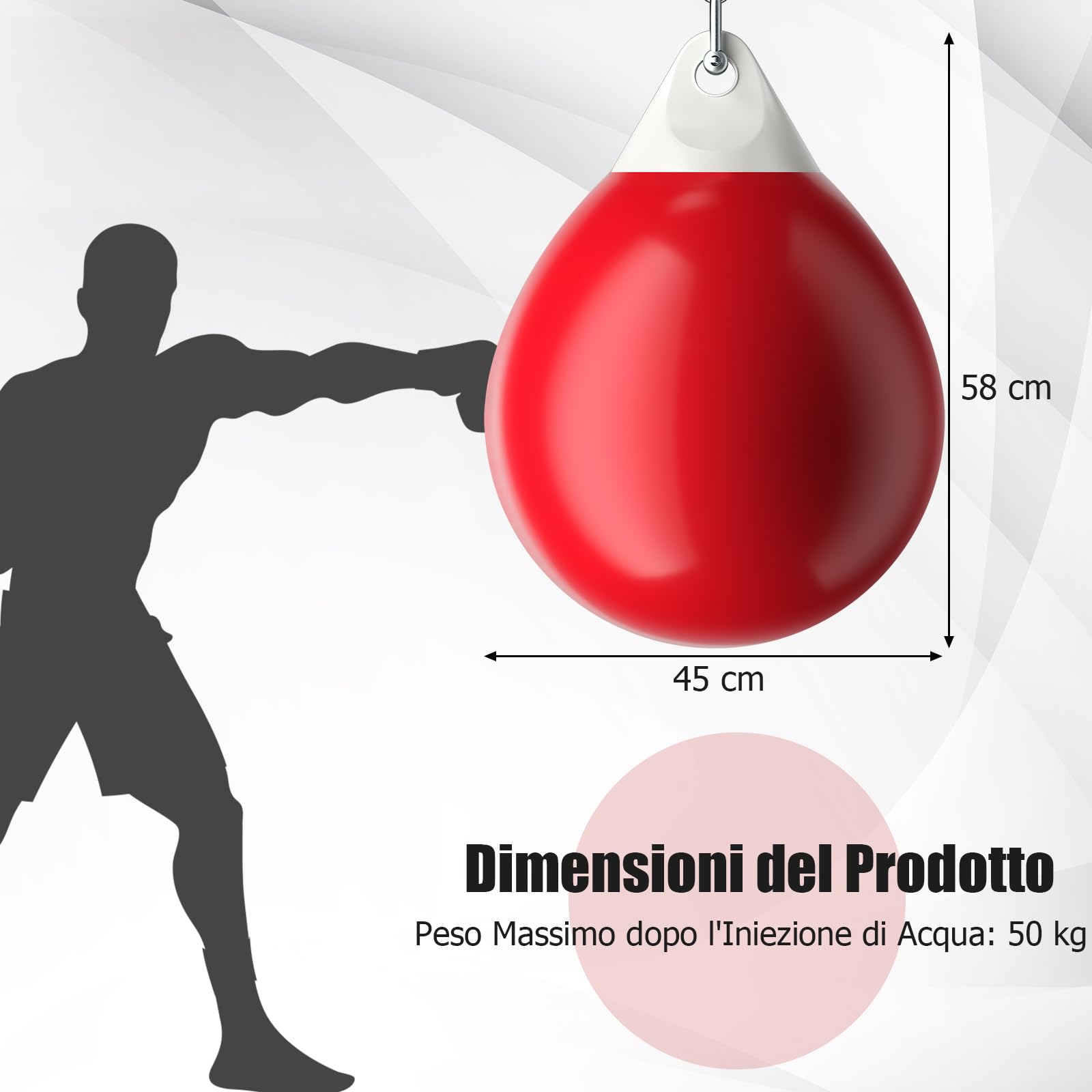 GYMAX Sacco ad Acqua per Boxe da 50 kg, con Accessori per Appendere e Riempire, Sacco da Boxe per Palestra Casa Ufficio, per Bambini ed Adulti, φ45 cm