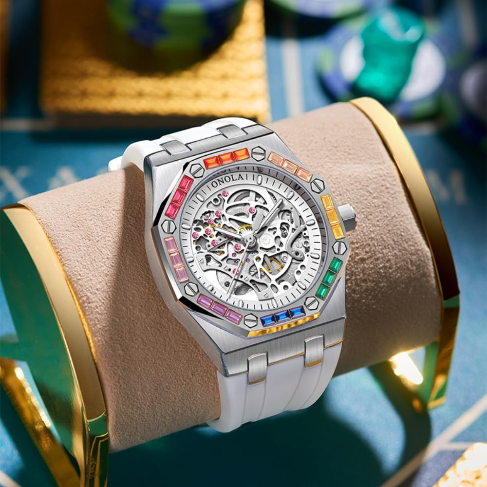 Reloj de pulsera para hombre, diseño de arco iris, con bisel de diamante, esqueleto hueco, automático, correa de silicona, impermeable, luminoso