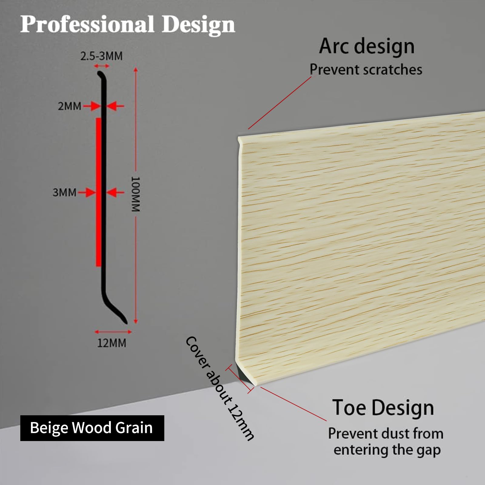 Zócalo flexible y autoadhesivo de acabado de PVC zócalo de pared flexible para pared suelo, 10 cm de ancho, 5 m, grano de madera beige