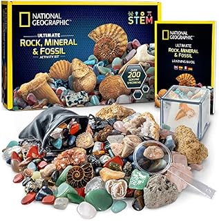 National Geographic Rocks & Fossils Kit - 200+ Piece Set Including Geodes, Real Fossils, Rose Quartz, Jasper, Aventurine & More Rocks, Crystals & Gemstones