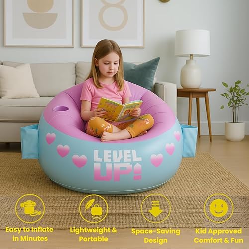 Miniatura 5 de Puf inflable Qadory para juegos para niños  Soporta hasta 136 kg, incluye bomba de aire, portavasos, 2 bolsillos  Asiento de puf para juegos