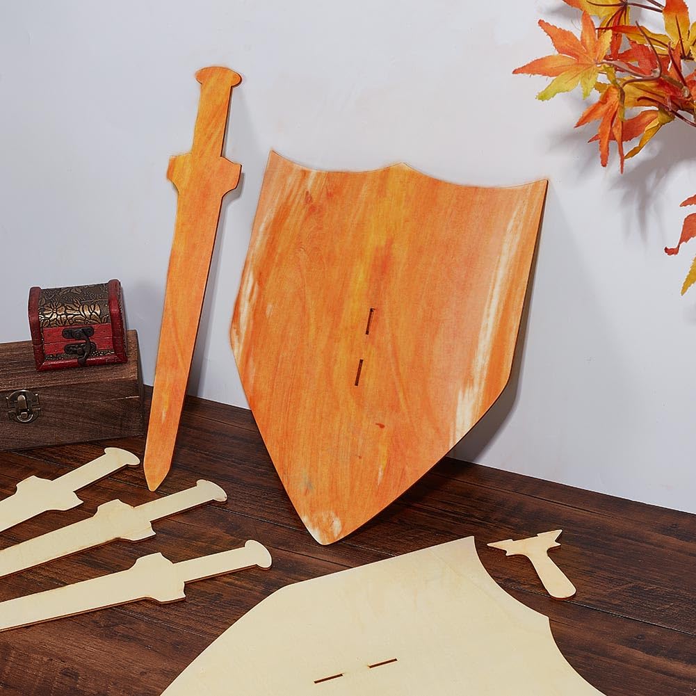 NBEADS Kit Spada e Scudo in Legno, 10 Spade Medievali in Legno e 2 Scudi in Legno con Gambo A Mano da Dipingere per Progetti di Pittura Costume Medievale, Fai da Te e Artigianati, Floreale Bianco