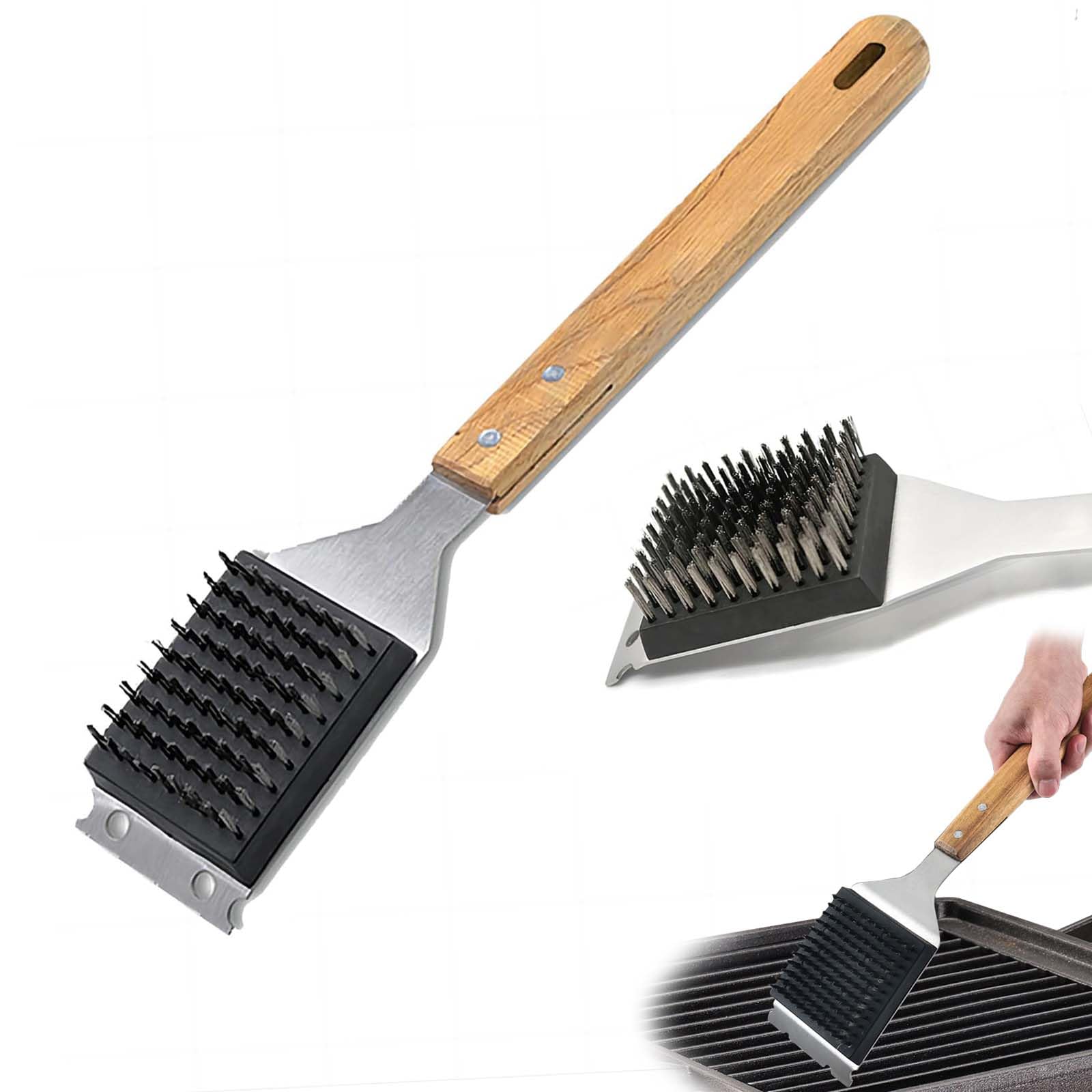 DONDONKA Grill Brush and Scraper - Outdoor Grill Cleaning Tool with Long Wooden Handle and Replaceable Stainless Steel Bristles - Safely Clean Any Grill Surface