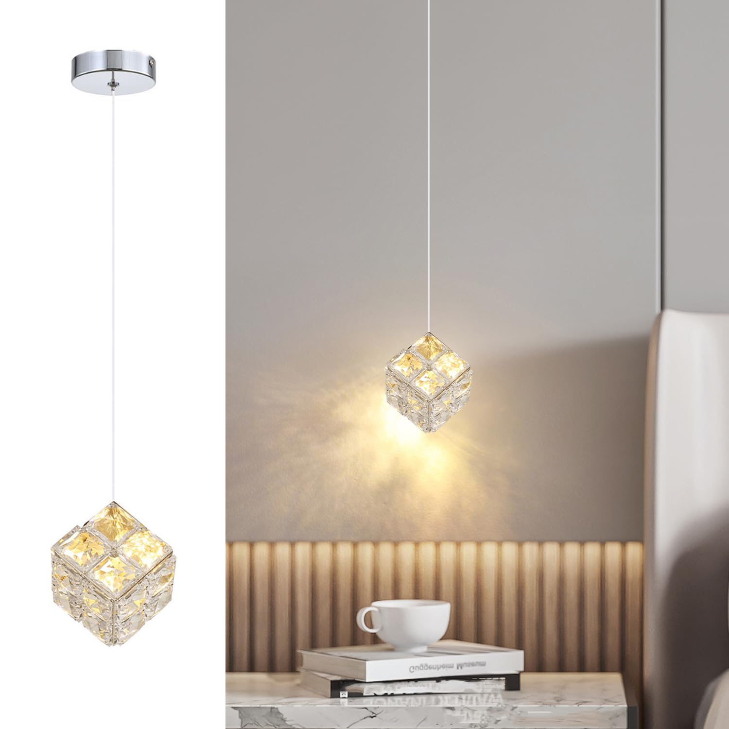 Modern Crystal Pendant Light, 3-Color LED Ceiling Pendant Lamp with Adjustable Height, Decorative Hanging Lights Fixture for Bedroom, Living Room, Kitchen Island, Dining Room, Hallway (1-Light Silver)