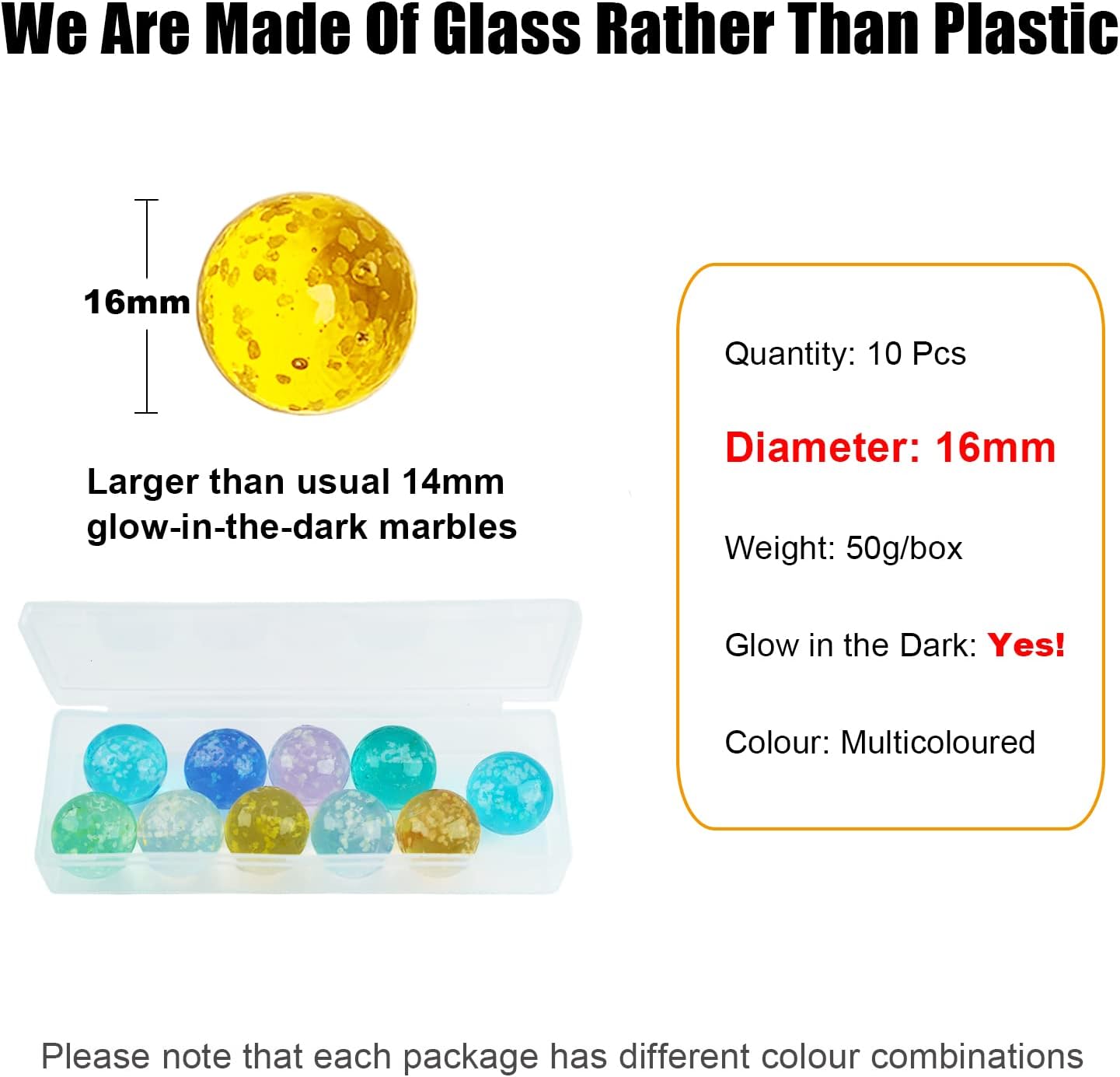 Ben & Bel Glow in The Dark Glass Balls - 10 Pack Multi Coloured Spotted Balls for Ball Circuits, DIY Projects or Home Decor