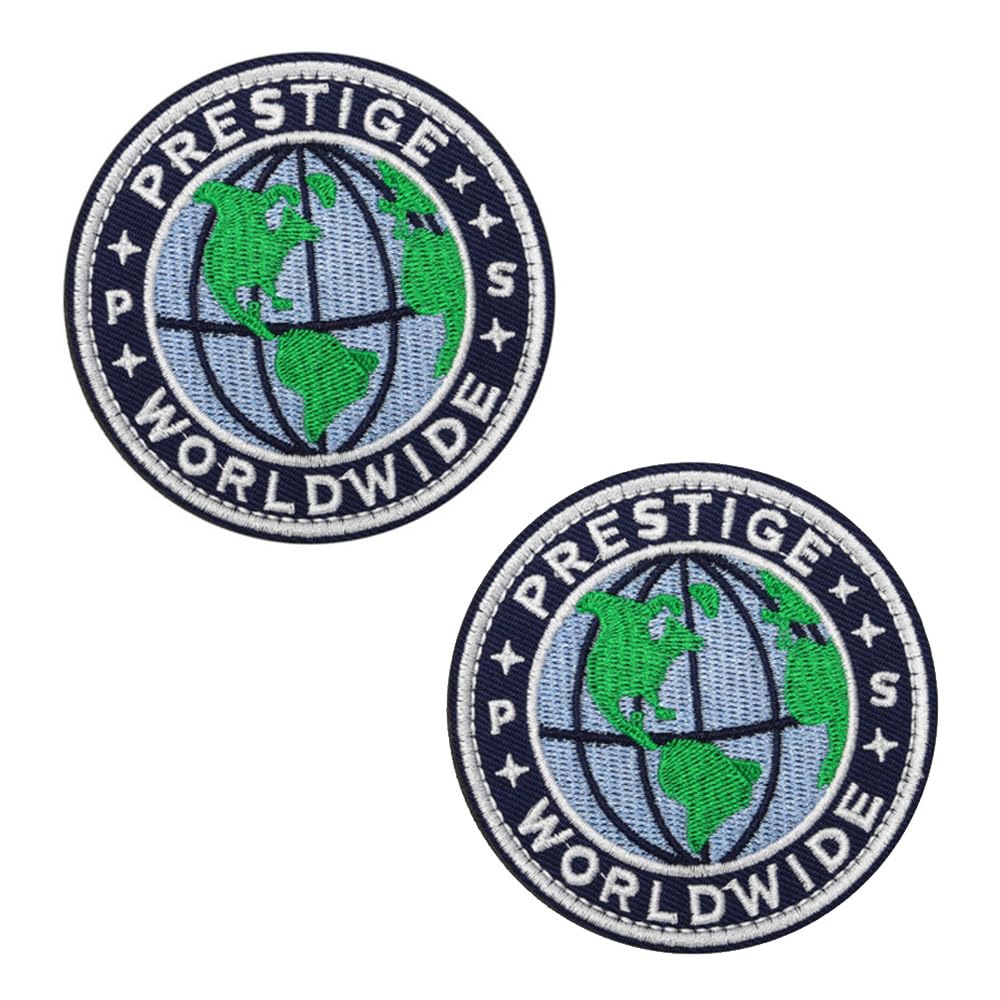 2 PCS Prestige Worldwide Funny Patch - Global Vision Morale Tactical Cute Meme Hook and Loop Fastener Sew On Patch - Embroidered Emblem for Tactical Clothes Backpack Vest Dog Harness
