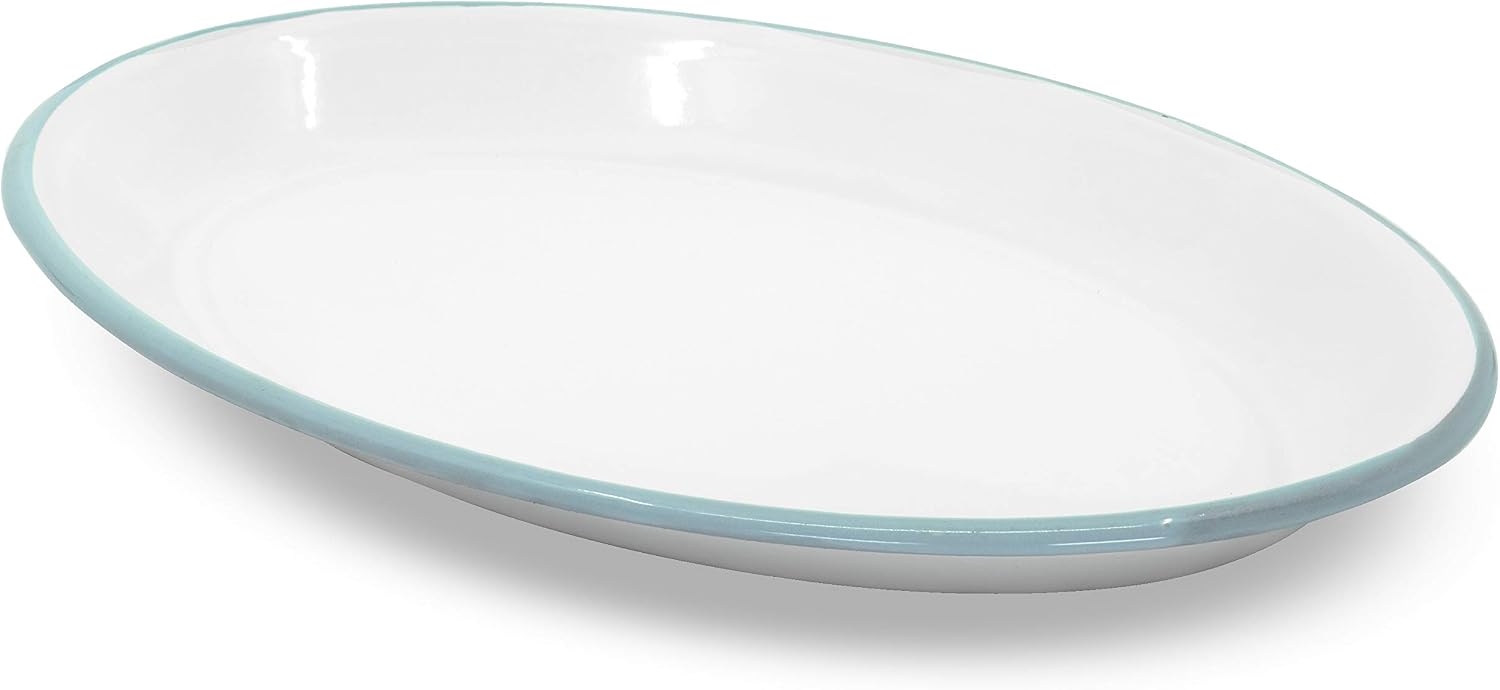 Red Co. Enamelware Metal Classic 13" Serving Oval Tray Platter, Solid White/Red Rim
