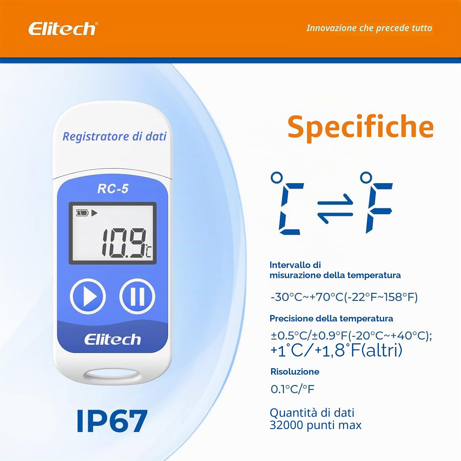 Elitech RC-5 Rejestrator Temperatury Data Logger USB PDF 32000 Punktów