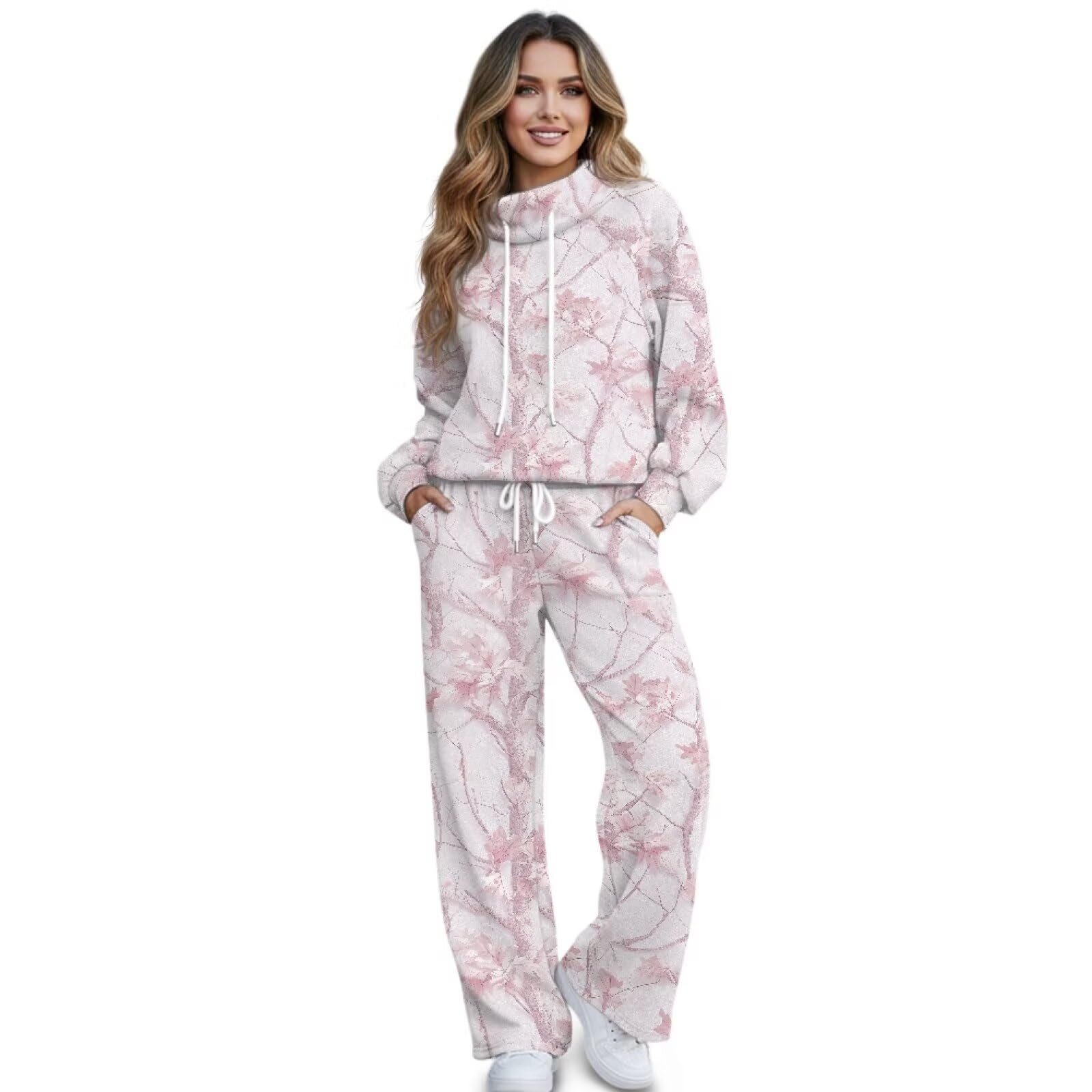 SEANATIVE Conjunto de sudadera de cuello alto de 2 piezas con pantalones deportivos de pierna ancha a juego, conjunto de descanso de gran tamaño para mujer, conjunto de chándal de talla grande, Caza