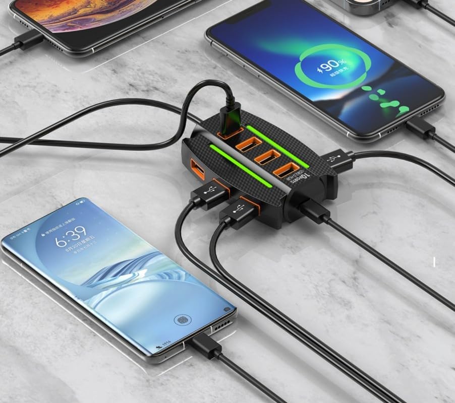 Image of 10 Port USB 2.0 Hub Splitter with Power /Data Port, 5gbps Hi-Speed Data Transfer, Plug and Play, USB Charging Docking Station Gaming Hub for Laptop, Computer (Black-Round) (10 Port (Flat))