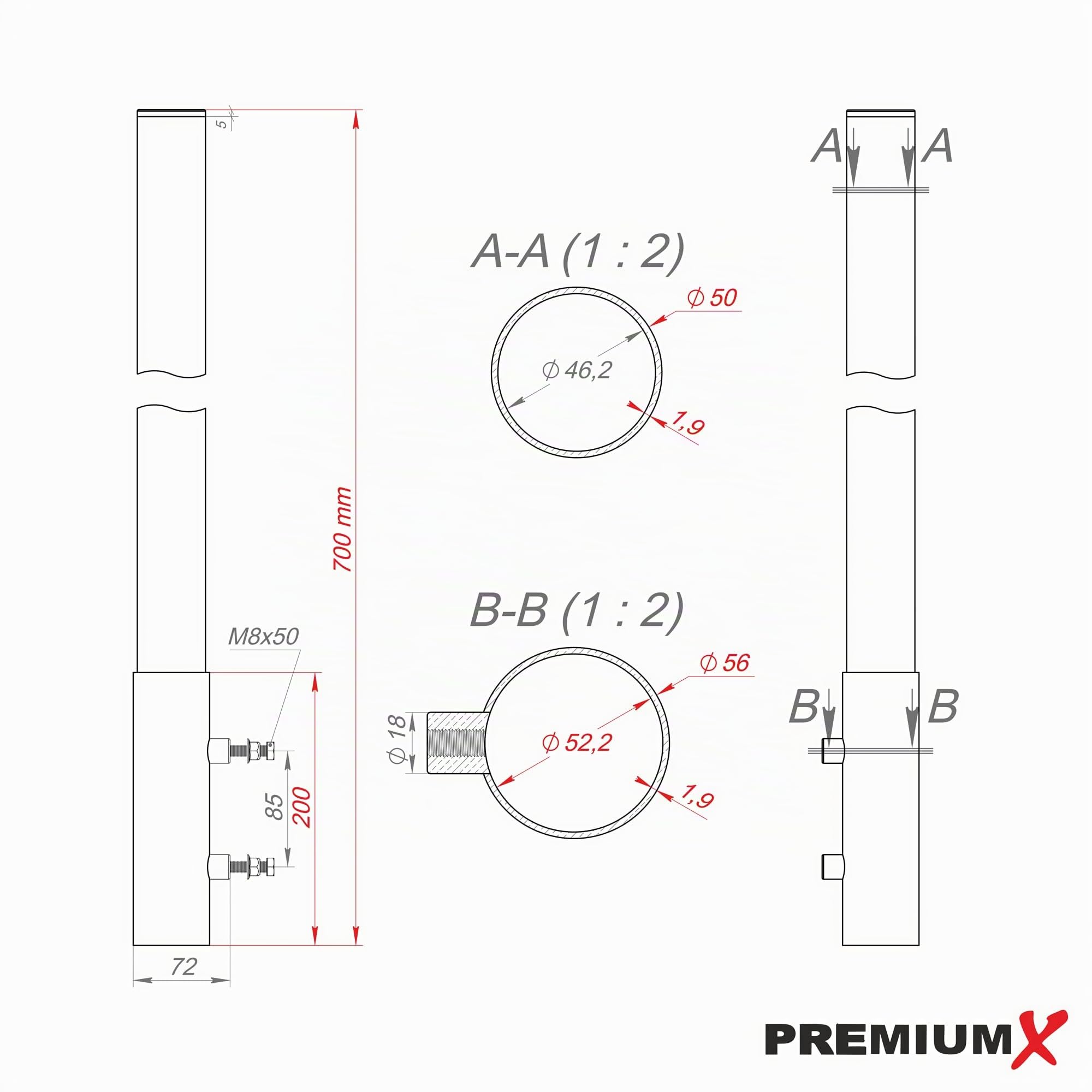 PremiumX Extensión de Mástil 70cm Ø 50mm - Tapa de Mástil de Aluminio para Soportes de Antenas y Platos Satelitales