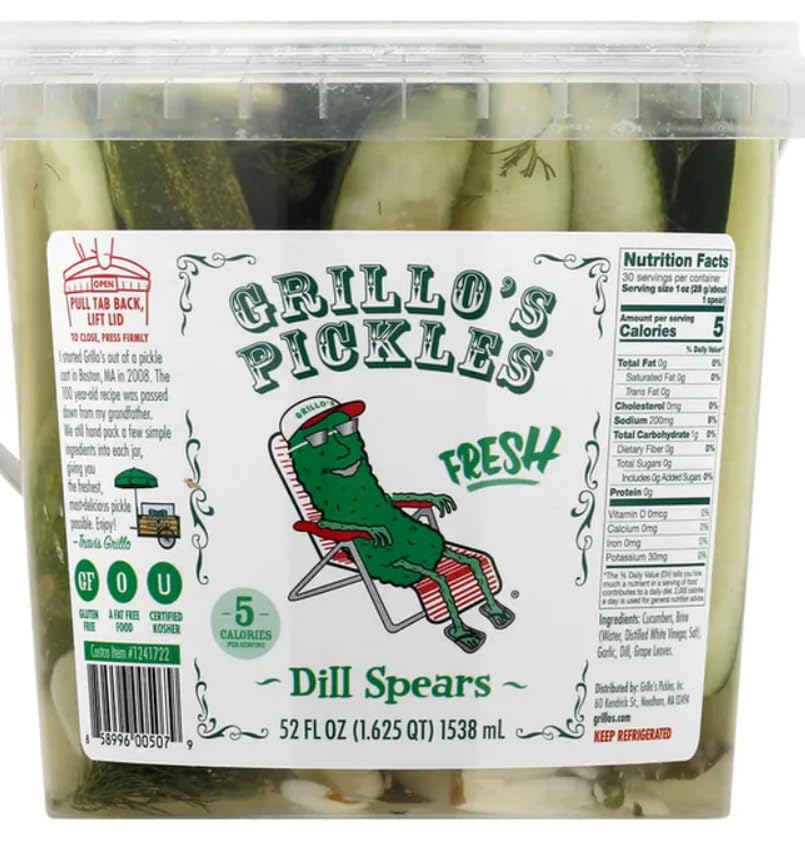 Pickles Classic Dill Pickle Spears, 52 Fl Oz, 5 calories per serving. Gluten free. A fat free food, CUCUMBERS, BRINE (WATER, DISTILLED WHITE VINEGAR, SALT), GARLIC, DILL, GRAPE LEAVES.