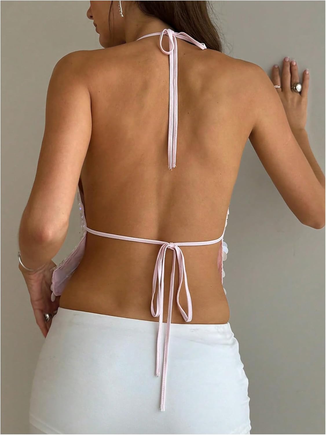 SHENHE Women's Sparkly Sequin Halter Top Open Back Sexy Y2k Backless Rave Clubwear Crop Tank - Image 2