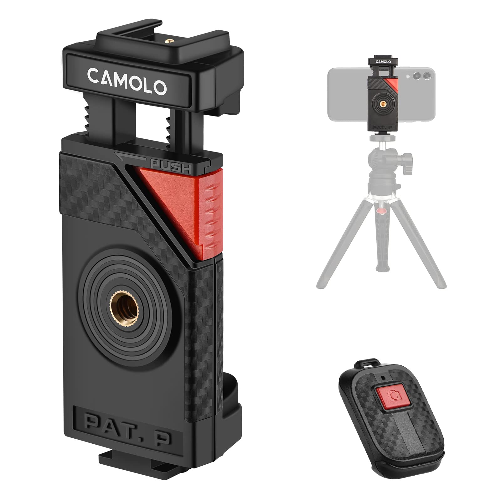 CAMOLO Phone Tripod Mount with Universal Remote,Quick Release Phone Holder, Phone Clamp with Double Cold Shoe,Smartphone Tripod Mount with 1/4" Screw for iPhone, Android, Camera, Tripod, Selfie Stick