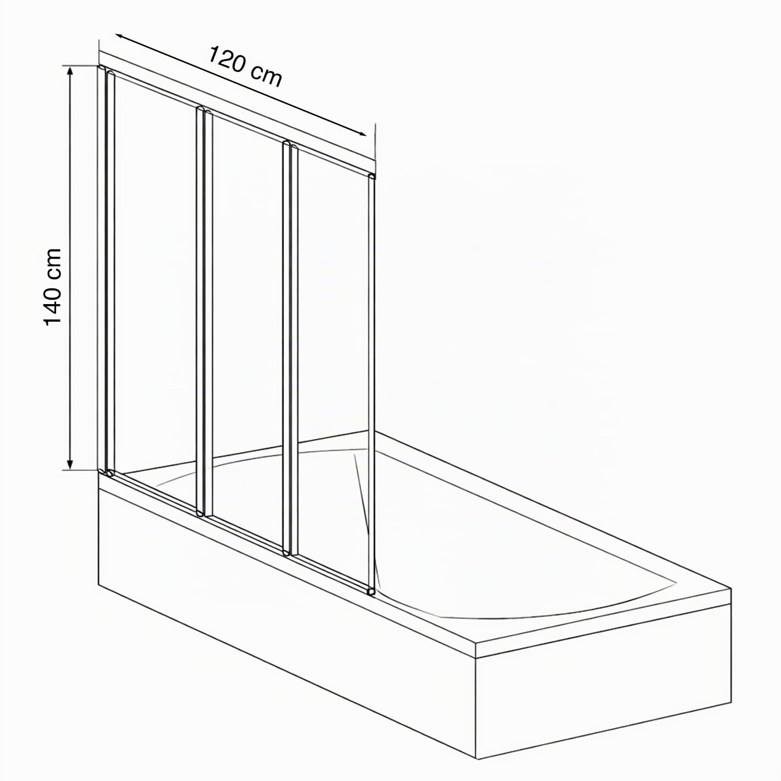sanicomfort Duschwand für Badewanne MALO 120x140 cm – 3-teilig Faltwand, Kunststoffglas Tropfendekor, Alu-Rahmen, Spritzschutz für Badewanne, beidseitig montierbar, schwarz