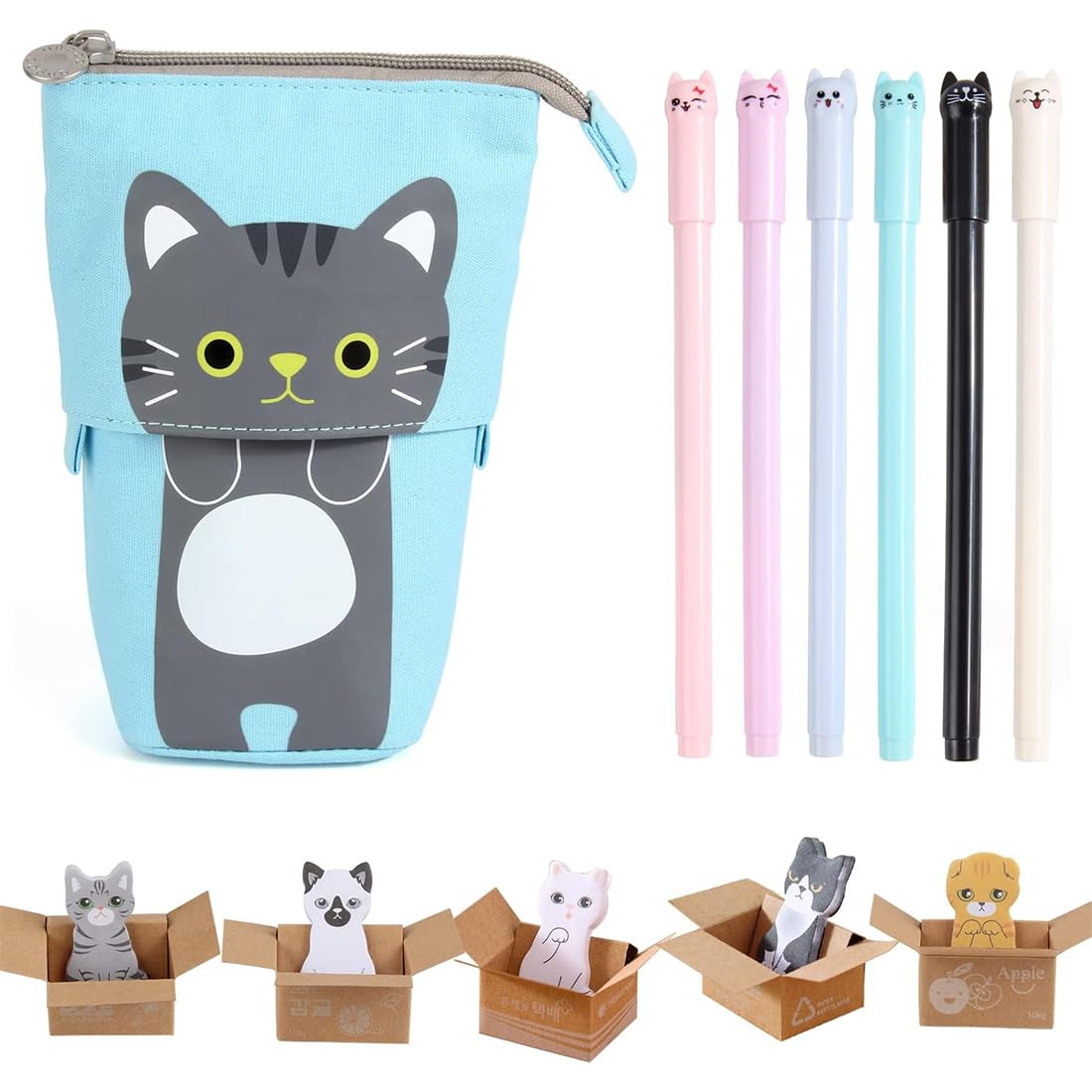 KSIUW Juego de papelería de Gato Lindo - Estuche de Lona para Lápices, Estuche para Lápices, Gato Estuche Retráctil para Lápices con 6 Bolígrafos de Tinta Negra de 0,38 mm 150 Etiqeutas de Página