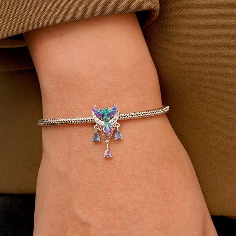 GNOCE Phoenix Moon Charm for Women, 925 Sterling Silver Bead Charm Bracelet/Necklcae for Her Fit Bracelet, Valentine Mother's Day Jewelry Gift