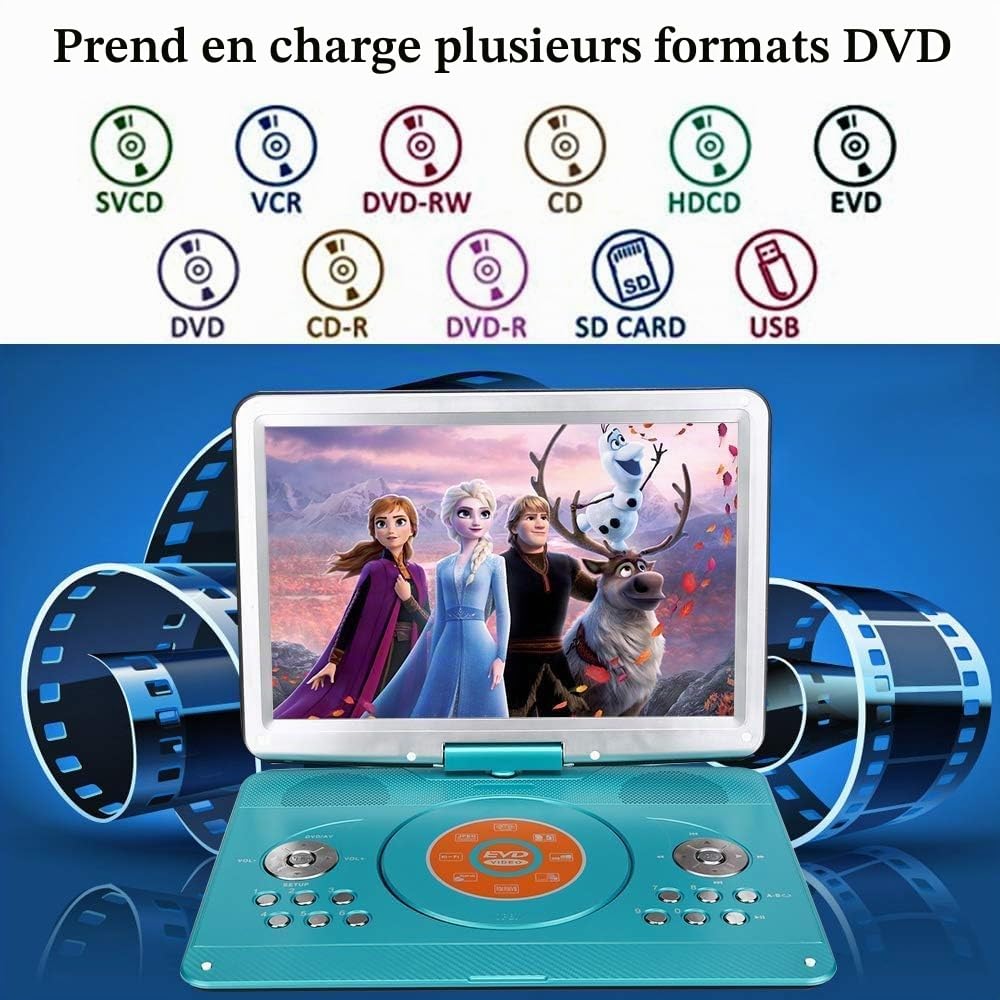 YOOHOO Lecteur DVD Portable de 16,9" avec écran LCD HD de 14,1" avec contrôleur Haute résolution Batterie Rechargeable Grand écran Lecteur DVD pour Voiture (Vert)