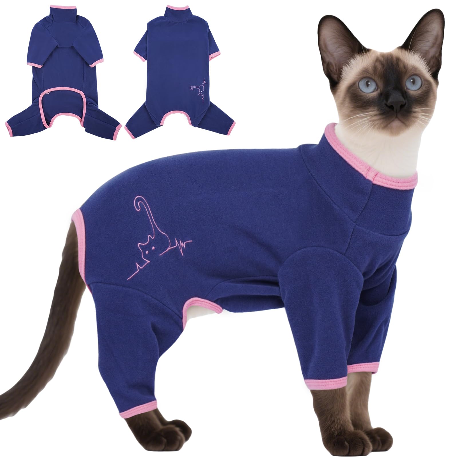 OUOBOB Sphynx Cat Recovery Suit - Soft Anti-Licking & Hair Control Bodysuit for After Surgery | Breathable Kitten Onesie Pyjamas to Protect Wounds, Blue, 2XL