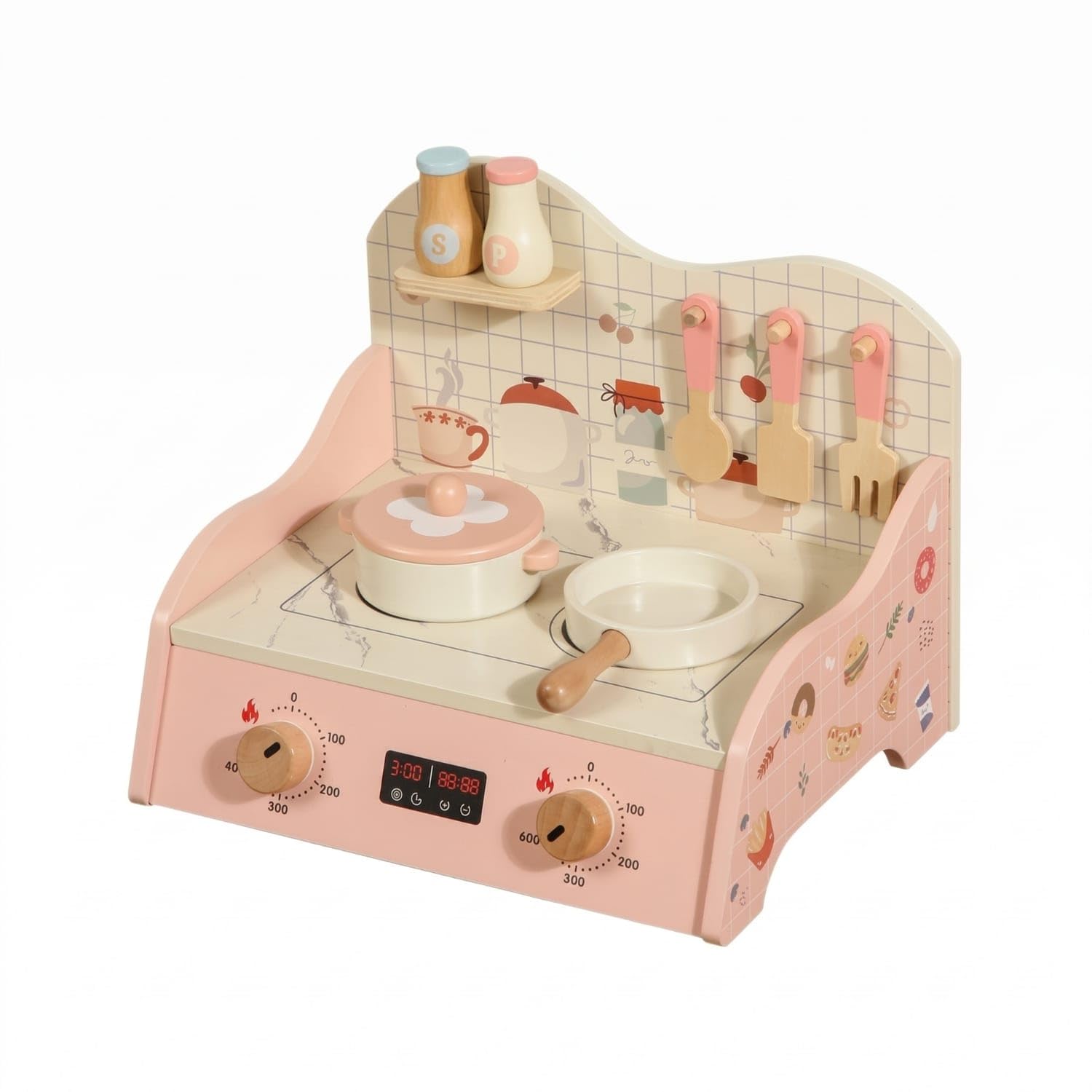 Pink and Cream Wooden Kitchen Cooktop Toy Pastel Pretend Kitchen Cooktop Printed Illustrations Pretend Cooking Set Hanging Hooks, Dream Stove-image-35