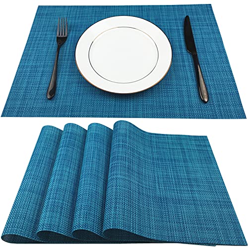 WAZAIGUR Placemats Easy to Clean Crisscross Woven Vinyl Place Mats Durable Non-Slip Heat Resistant Table Mats Placemats for Kitchen Table Set of 4,Blue